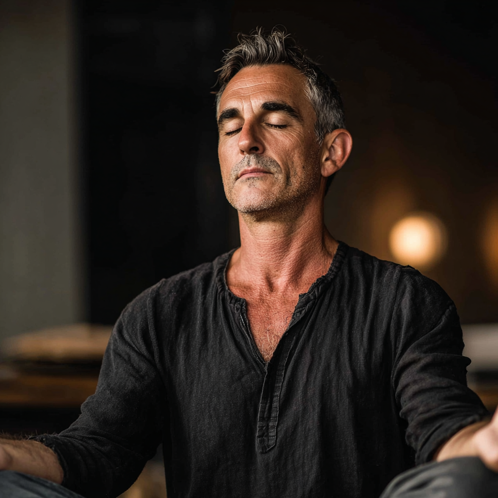 Romanian woman in her thirties practicing gentle yoga poses in a serene natural setting, smiling peacefully while stretching