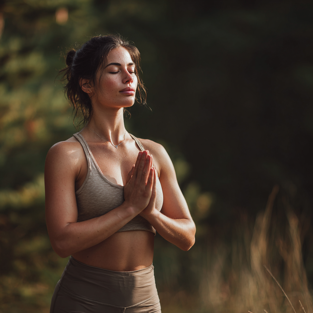 Middle-aged Romanian man performing yoga balance pose on a wooden deck, focused and serene expression